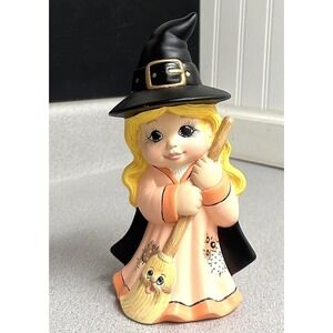 90's Halloween Hand Painted Witch Girl W/ Broom 8.5" Figurine Decor Vtg Signed